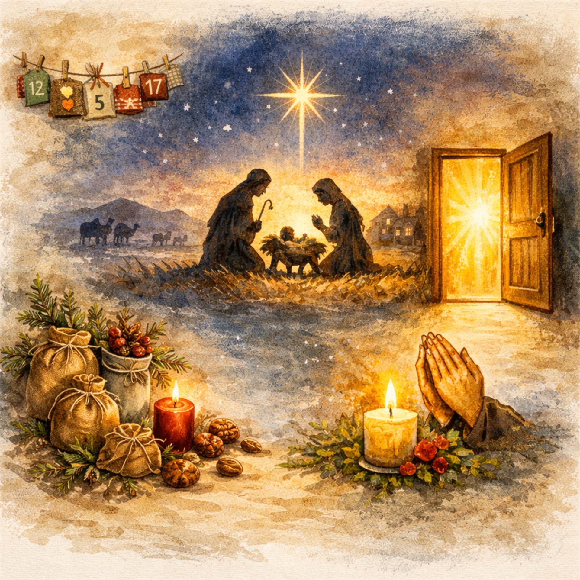 Symbolhafte Aquarellillustration zur Adventszeit mit Krippenszene unter einem leuchtenden Stern, einer geöffneten Tür mit warmem Licht, Kerzen, betenden Händen und adventlichen Elementen als Zeichen für Wachsamkeit, Hoffnung und Ankunft.