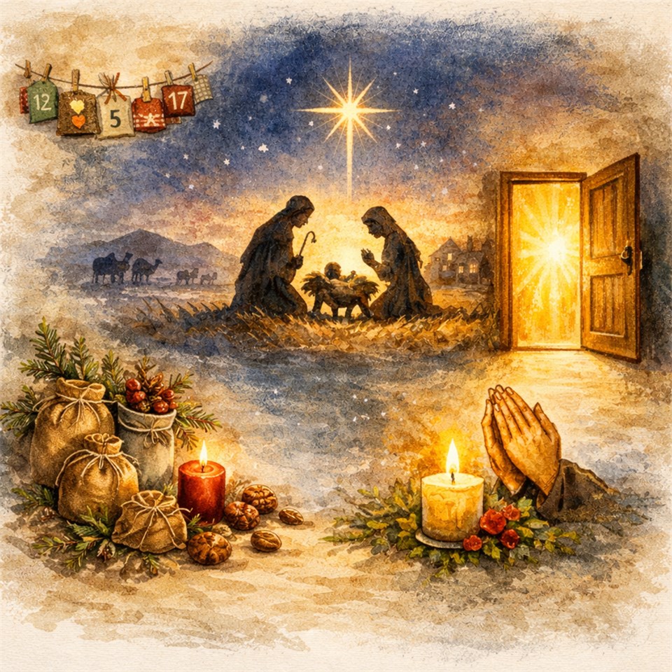 Symbolhafte Aquarellillustration zur Adventszeit mit Krippenszene unter einem leuchtenden Stern, einer geöffneten Tür mit warmem Licht, Kerzen, betenden Händen und adventlichen Elementen als Zeichen für Wachsamkeit, Hoffnung und Ankunft.