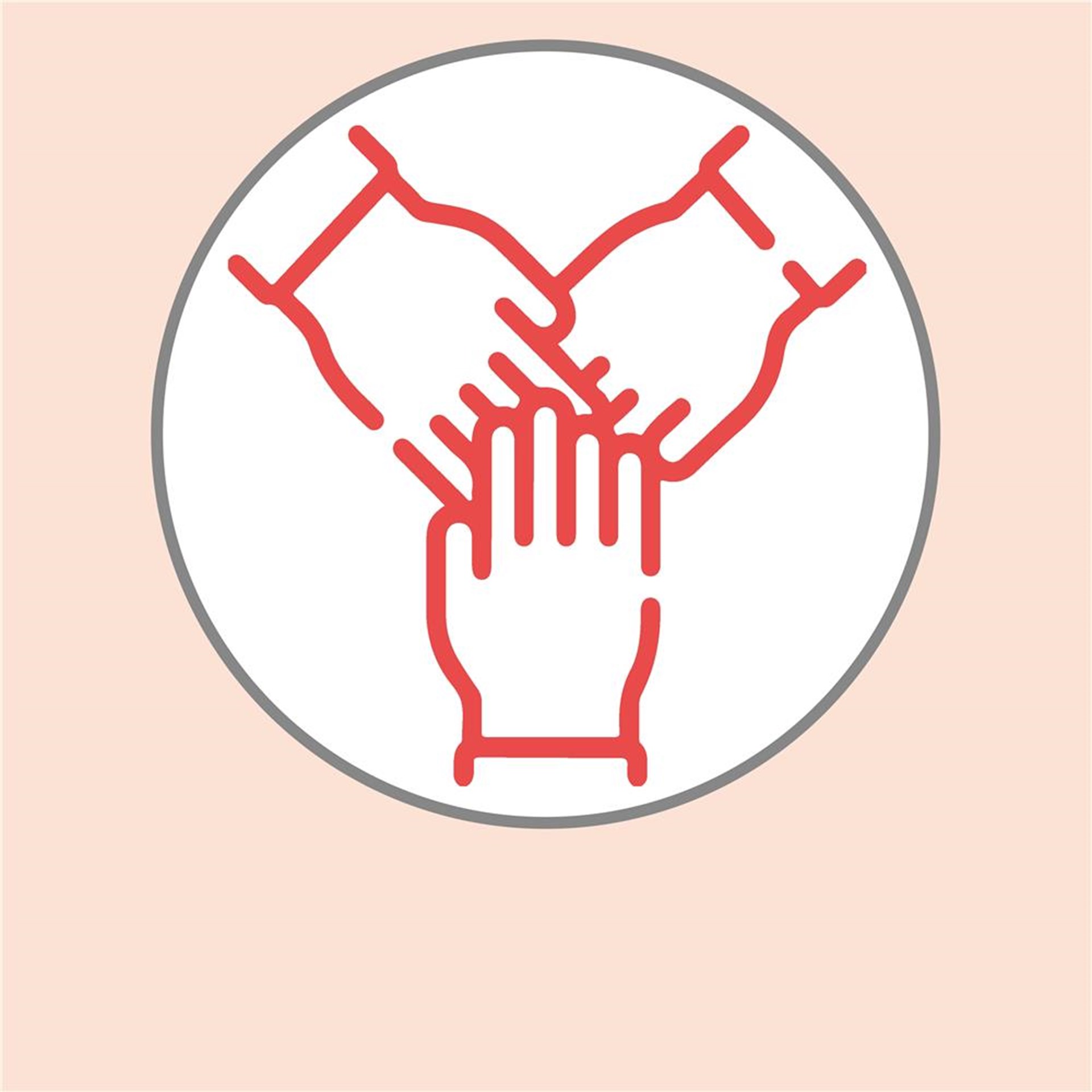 Rotes und weißes Symbol von drei Händen, die sich gegenseitig halten, symbolisiert Unterstützung und Gemeinschaft.