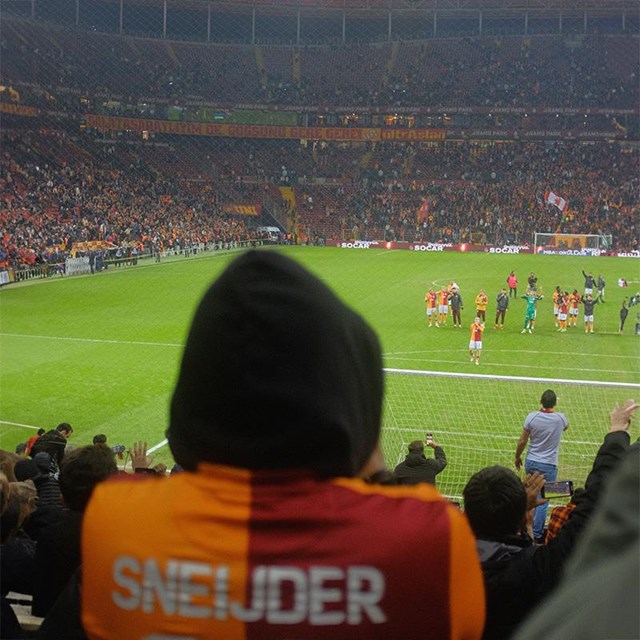 auf dem Bild ist von hinten ein Fussballfan zu sehen der auf einer Tribüne sitzt und auf ein Spielfeld schaut