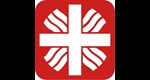 Caritas-Logo 2026 weißes Flammenkreuz auf rotem quadratischem Grund.