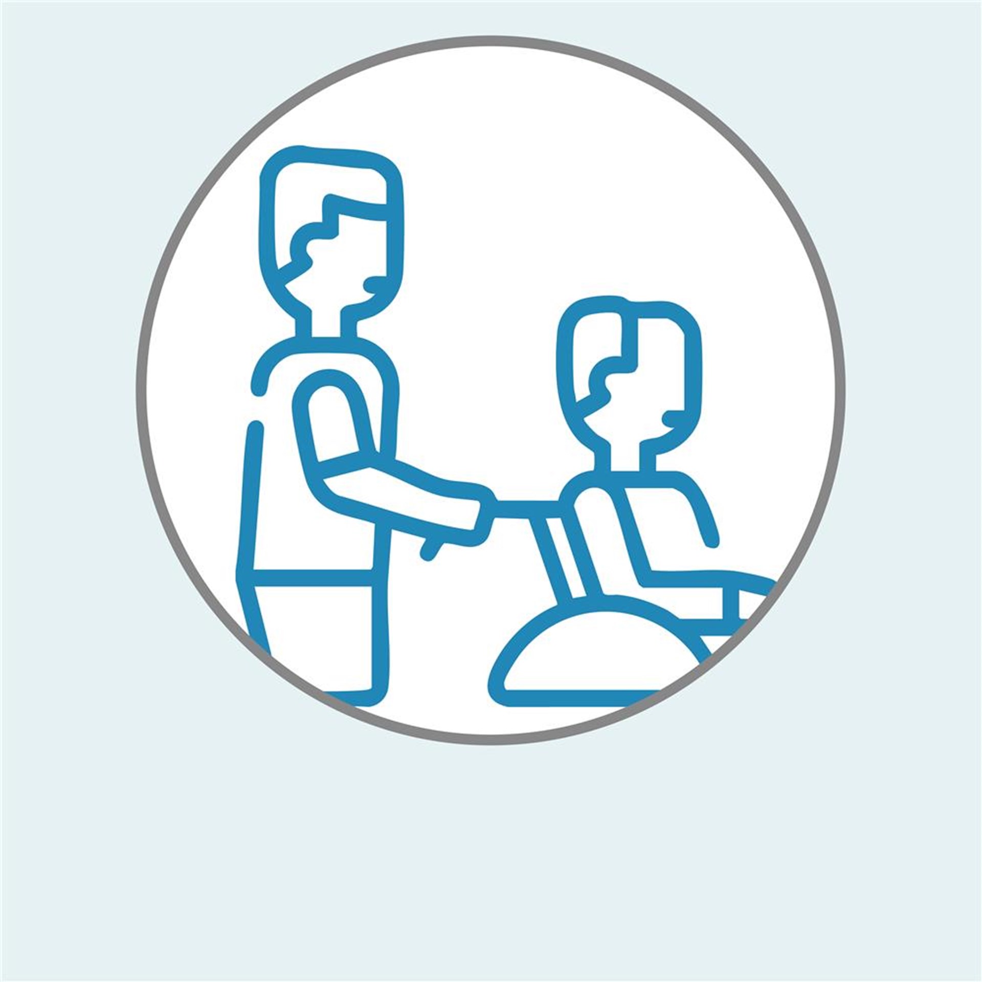 Ein Logo mit einem Mann im Rollstuhl der von einer anderen Person unterstützt wird.