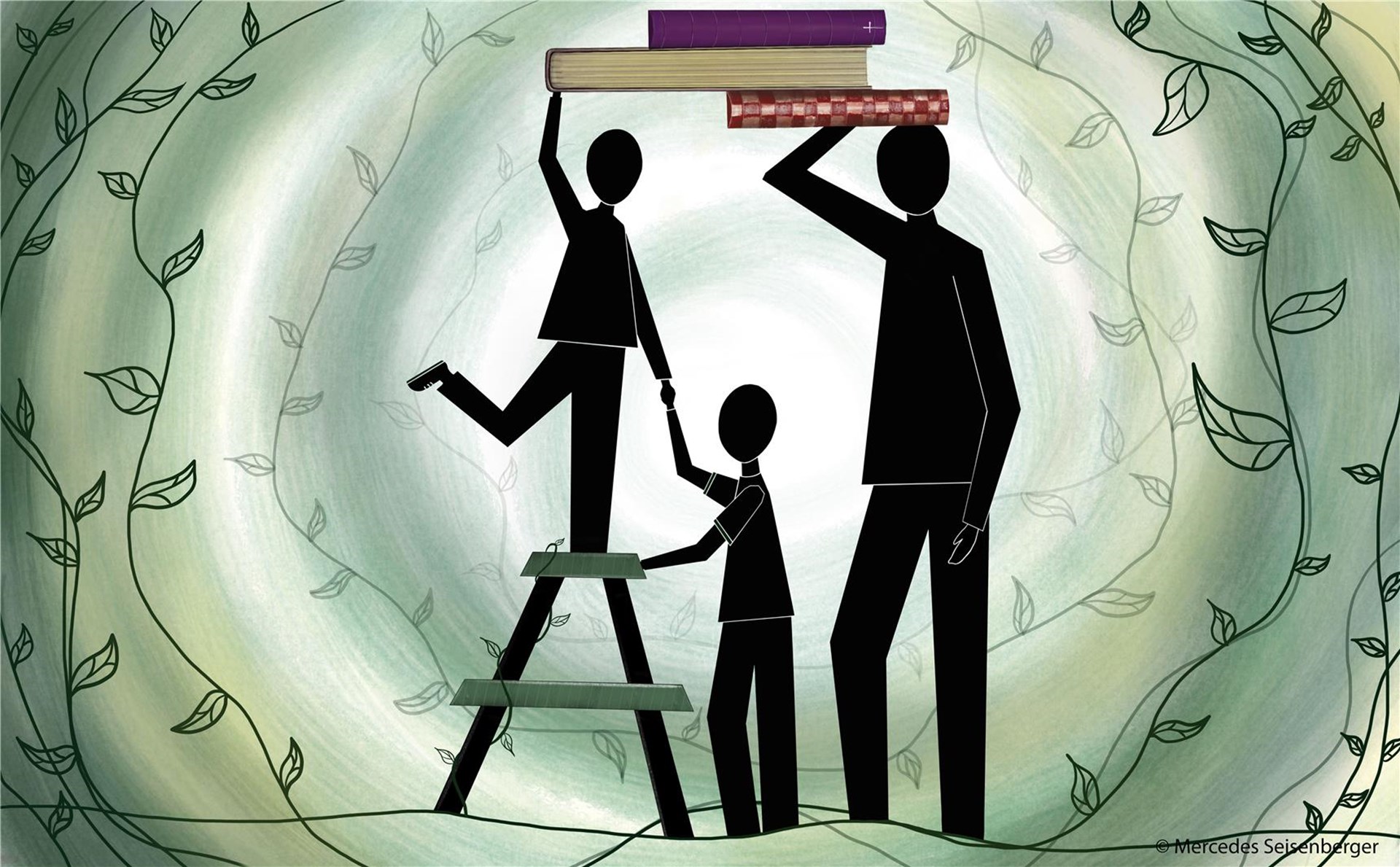 drei schwarze Kreaturen mit Büchern