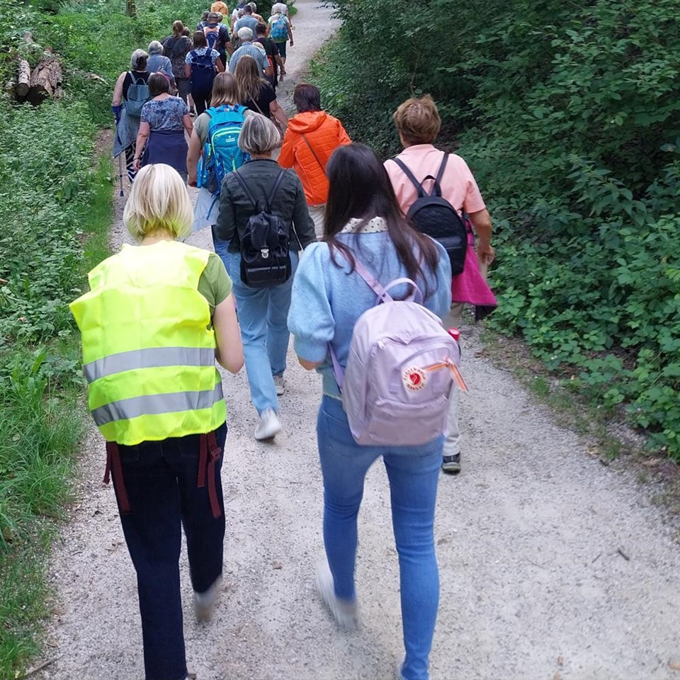 Eine Pilgergruppe läuft durch den Wald