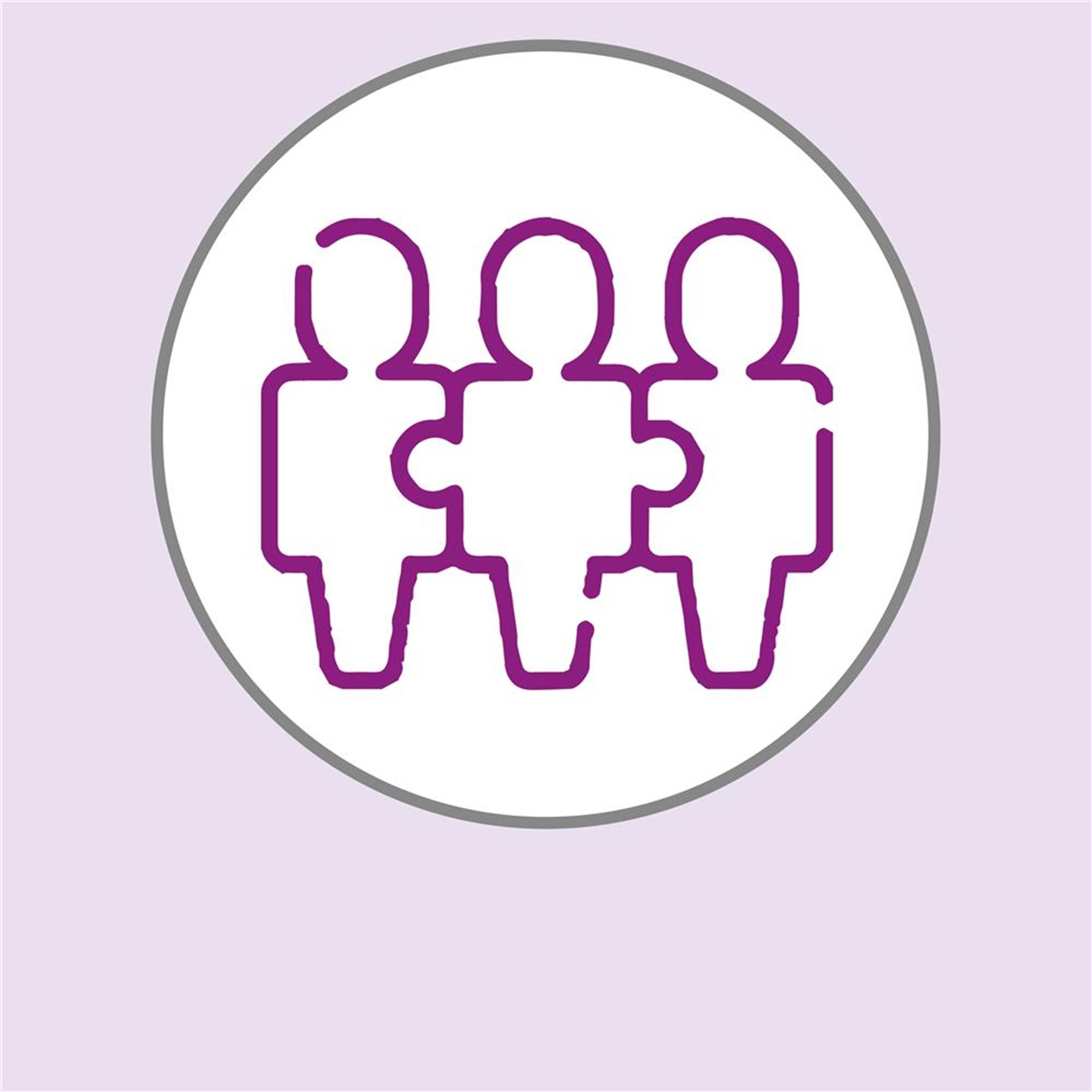 Lila Icon mit drei stilisierten Personen, die zusammenstehen und Gemeinschaft symbolisieren.