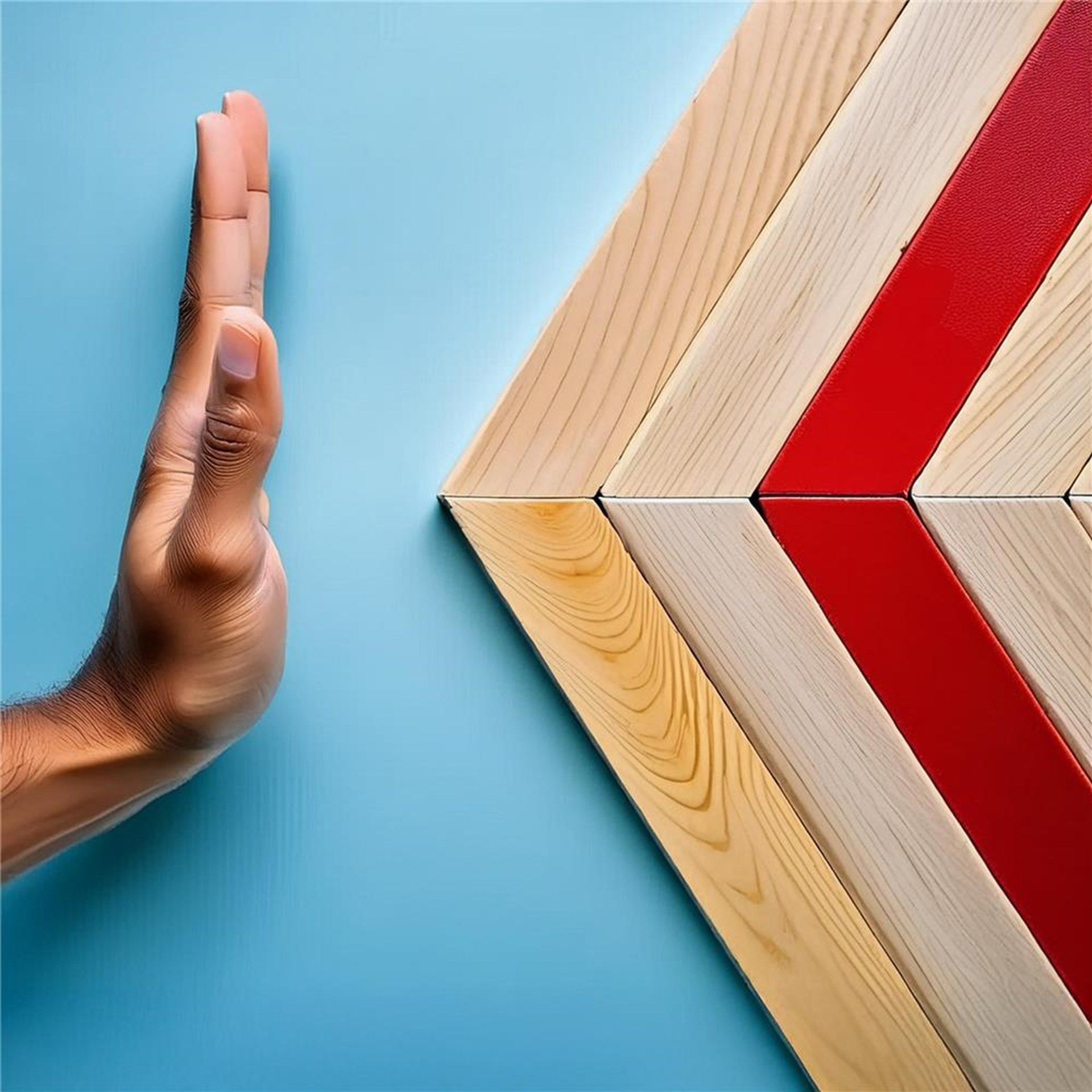 Eine  Eine Hand in Stop-Geste auf der linken Seite trifft auf ein diagonales Holz- und Rotelement, das wie ein Pfeilmuster auf der rechten Seite angeordnet ist, vor einem hellblauen Hintergrund.