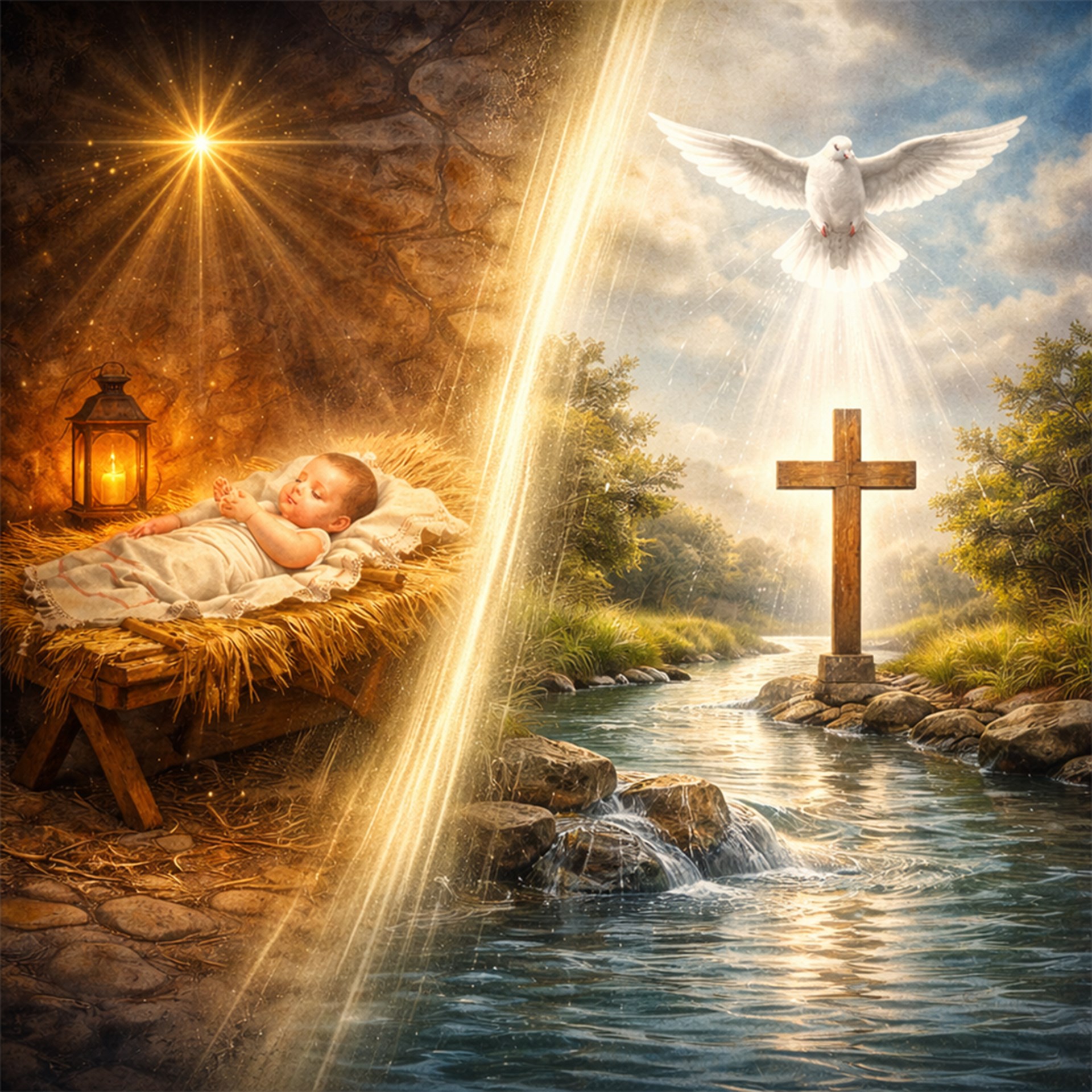 Symbolische Darstellung des Übergangs von Weihnachten zur Taufe Jesu. Links eine Krippe im warmen Licht, rechts fließendes Wasser mit Kreuz und herabkommender Taube als Zeichen des Heiligen Geistes.